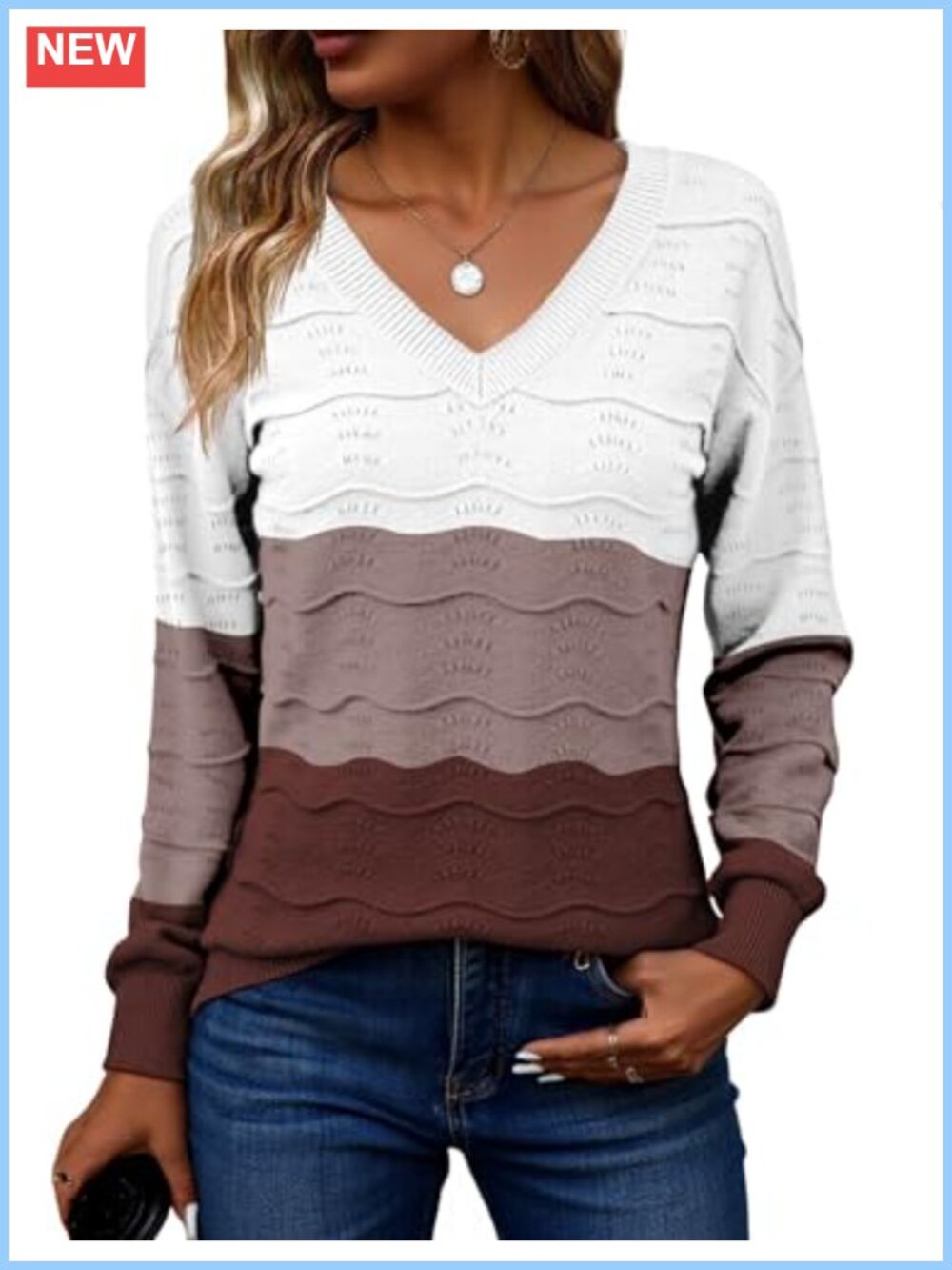 Women's Crochet Ribbed Knit V Neck Long Sleeve Pullover Sweater
